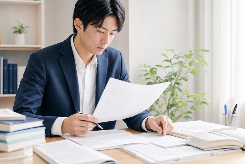 過去問と教材を広げて指導計画を立てる家庭教師の集中した手元