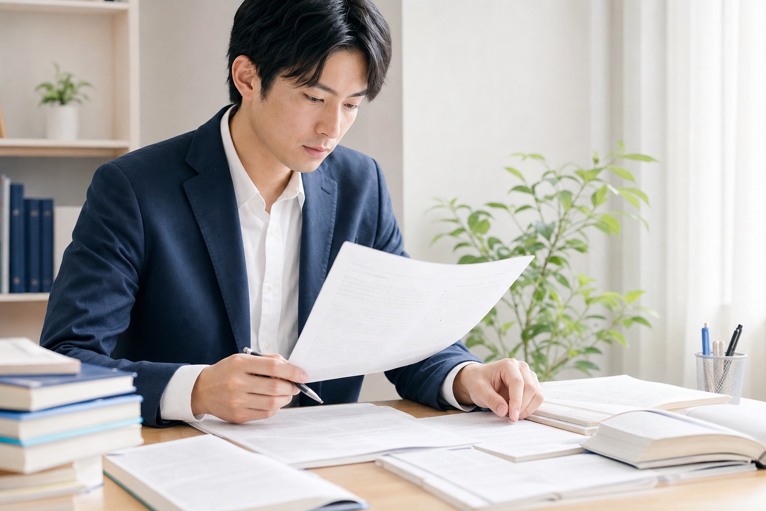 過去問と教材を広げて指導計画を立てる家庭教師の集中した手元