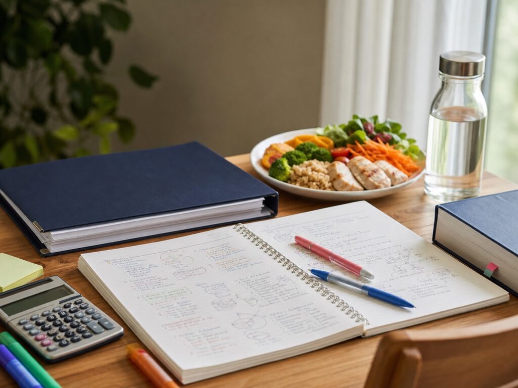 専門書とノート、資料を広げた学習机（人物なし）
