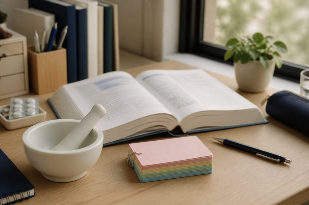 乳鉢と乳棒、薬理学の教科書と色分けした暗記カードのある薬学部生の学習机（人物なし）