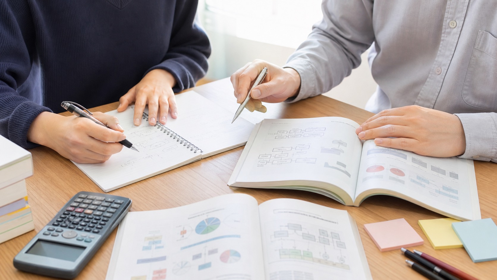 薬学部の学生が計算問題集や図表を見直しながら勉強している手元