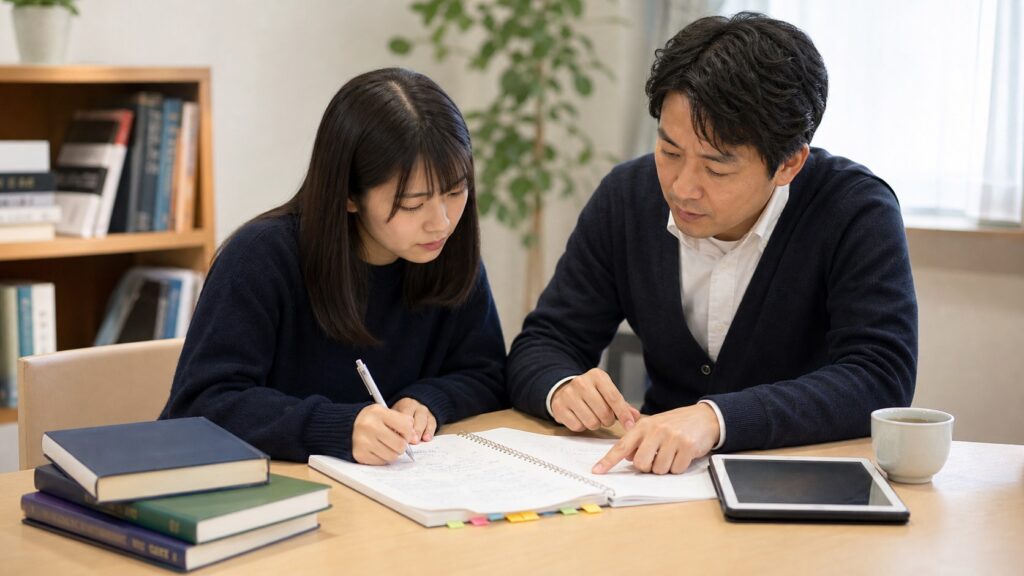 薬学部の学生と講師がノートを見ながら留年後の学習計画を相談している様子