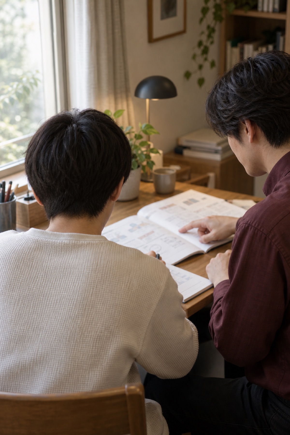 担当の教師と1対1で、過去問を確認しながら指導を受ける学生（後ろ姿・顔なし）