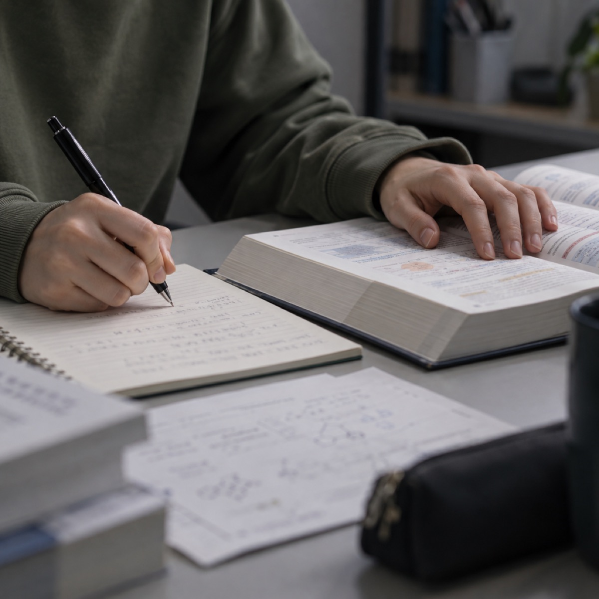 教科書とノートを開き、過去問に取り組む手元（顔なし）