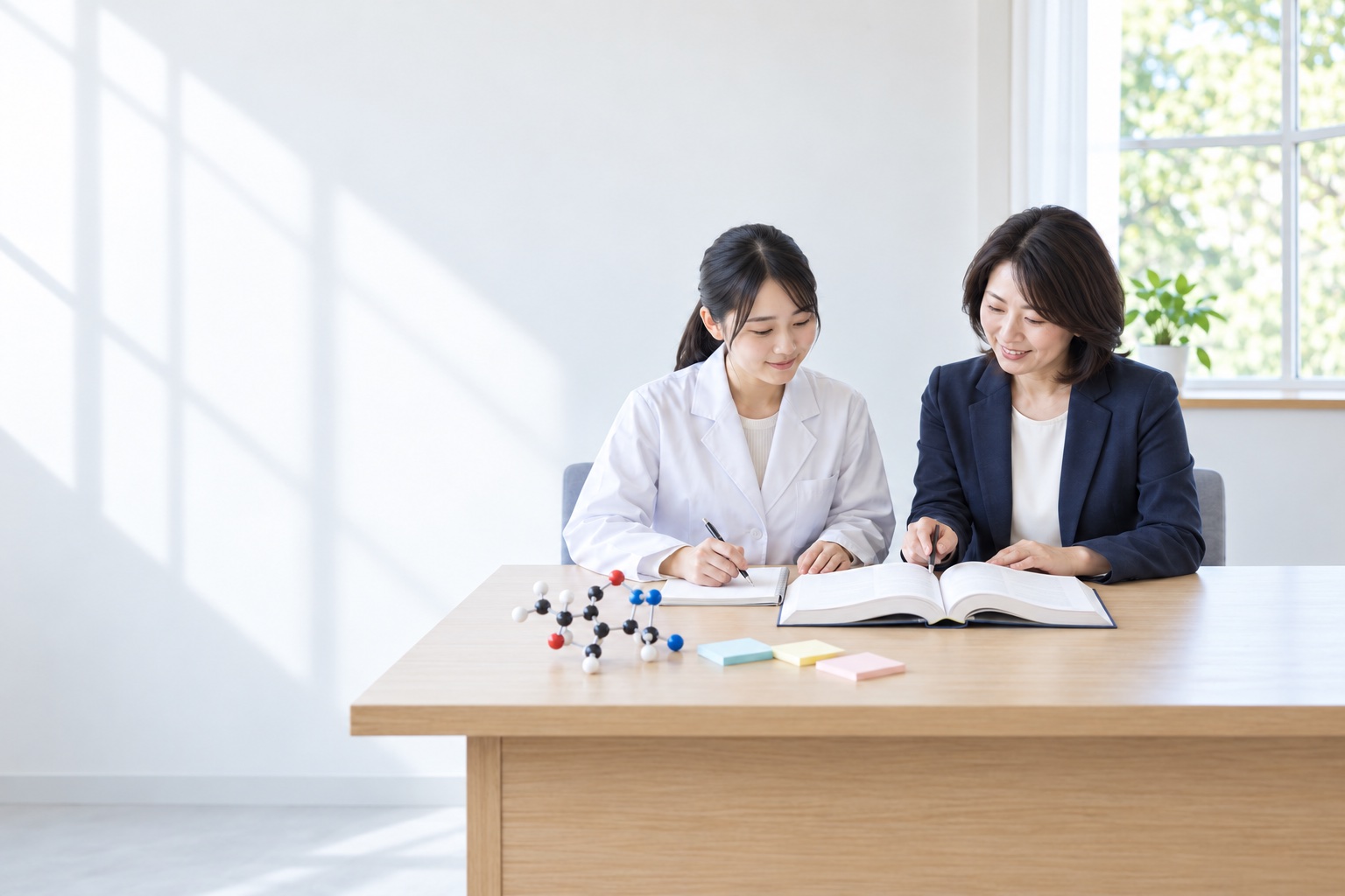 薬学部の学生と女性の家庭教師が、分子模型を置いた机で専門書を一緒に見ている様子